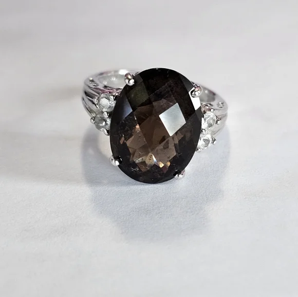 Genuine Smoky Brown Topaz & White Topaz Ring  in Sterling Silver Size 7! - Picture 3 of 7